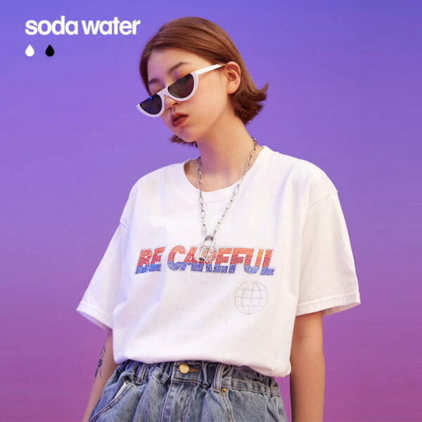 "Be Careful" Rhinestoned Prrinted T-shirt